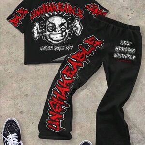 Black Graphic Sweatshirt & Joggers Set with Red Accents